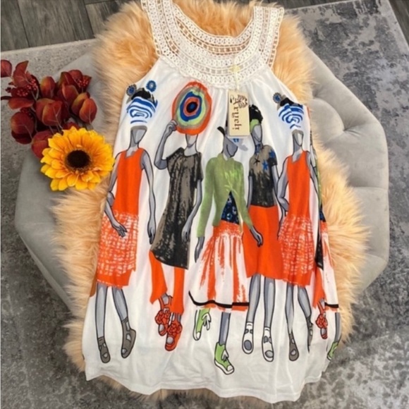 Aryeh Ethnic Lady Print Medium Dress White & Orange Crochet Halter Style NEW - Picture 1 of 4